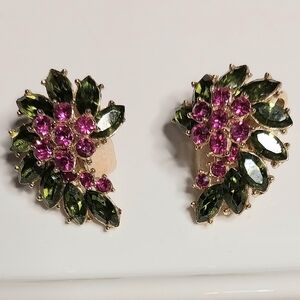 Elegant Crown Trifari Floral Earrings with Faux Rubys and Green Peridot Accents